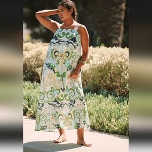 Anthropologie & De Loreta Festivo Strapless Printed Flounce Midi Dress